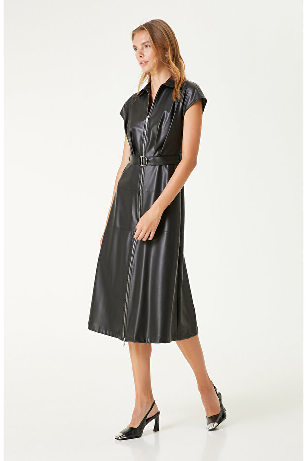 Siyah Boydan Fermuarlı Elbise - 4