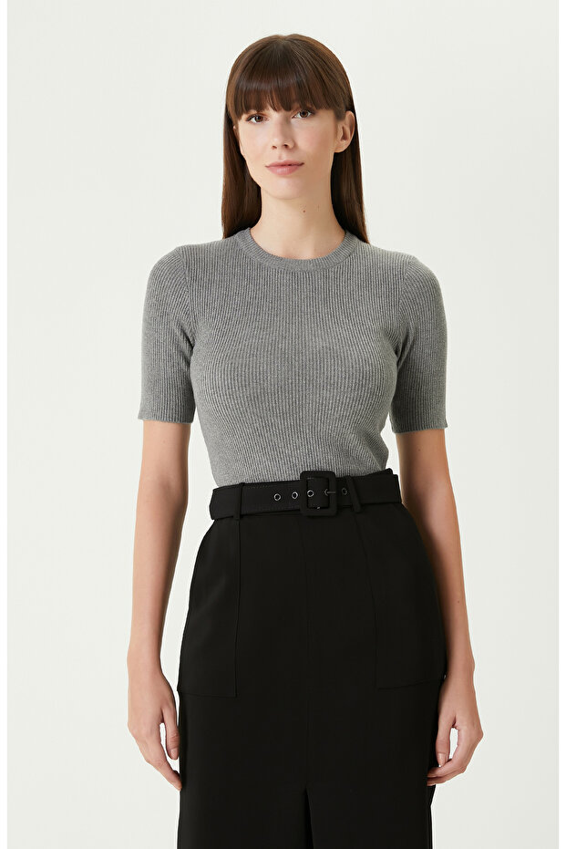 Gri Melanj Kısa Kol Basıc Triko Kazak - 3