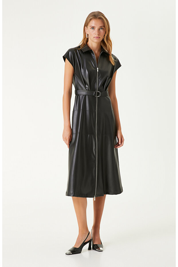 Siyah Boydan Fermuarlı Elbise - 3