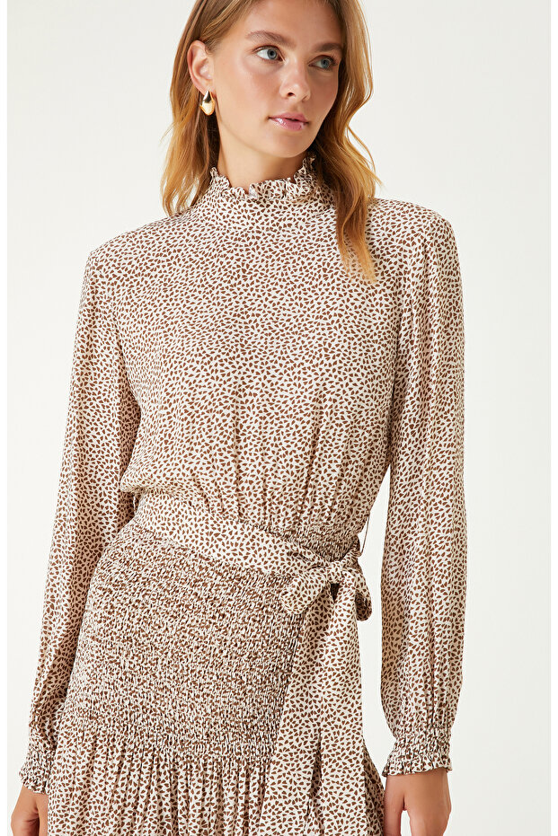 Bej Dik Yaka Mini Elbise - 2