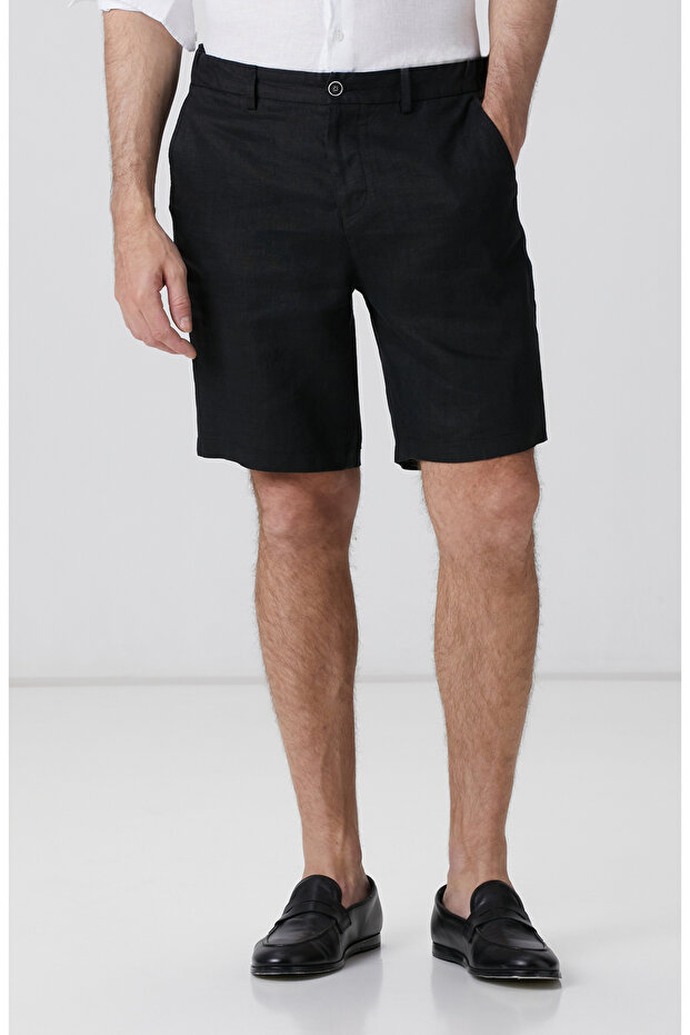 Siyah Keten Şort - 2