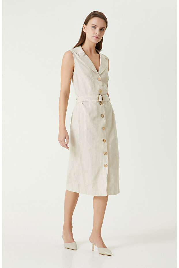 Bej Kadın Keten Elbise - 2