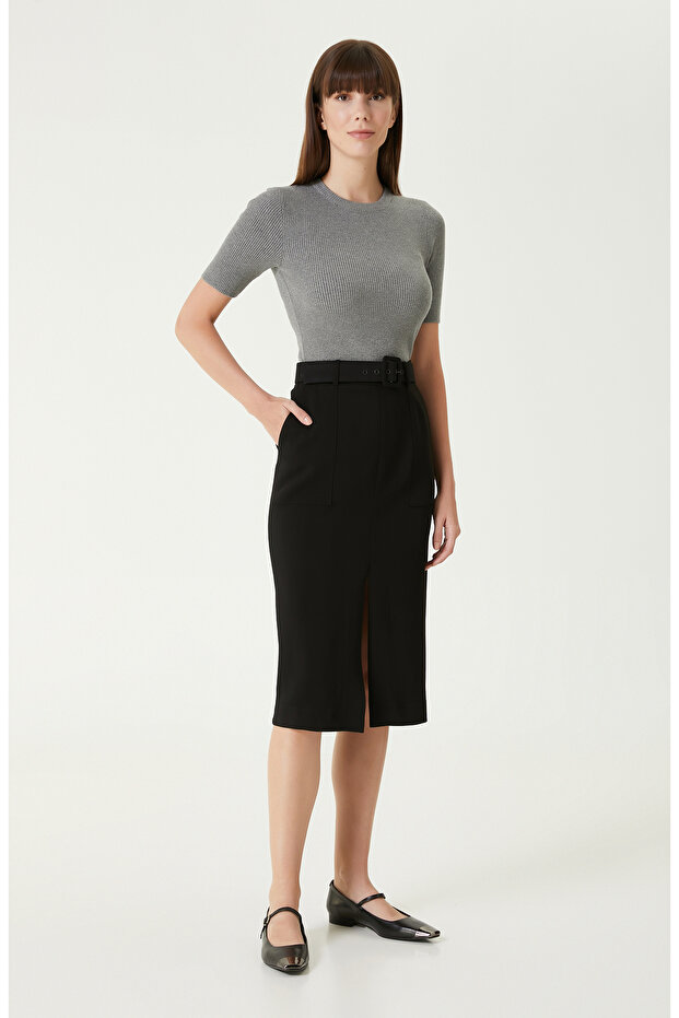 Gri Melanj Kısa Kol Basıc Triko Kazak - 4