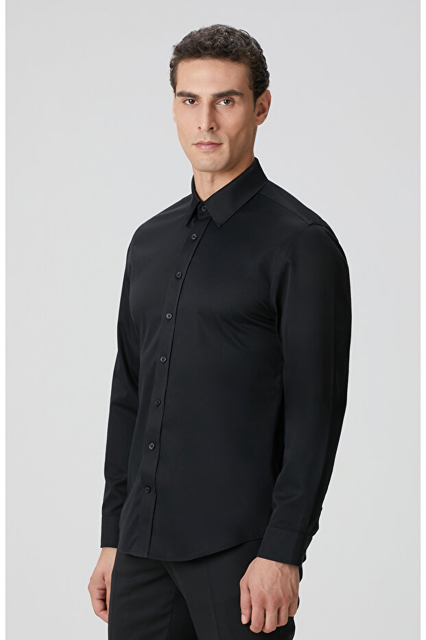 Siyah Non-Iron Saten Gömlek - 4