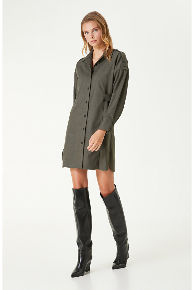 Haki Gömlek Mini Elbise - 4