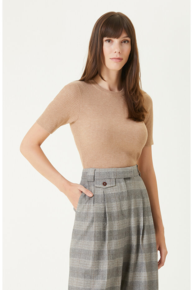 Bej Melanj Kısa Kol Basıc Triko Kazak - 1