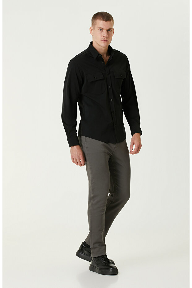 Siyah Çift Cepli Örme Gömlek - 2