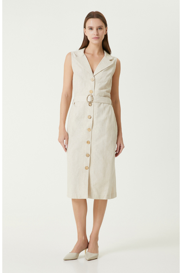 Bej Kadın Keten Elbise - 4