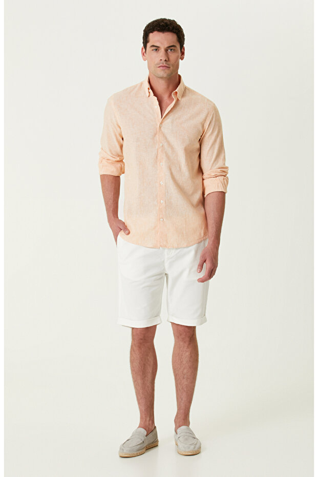 Turuncu Keten Karışımlı Gömlek - 3