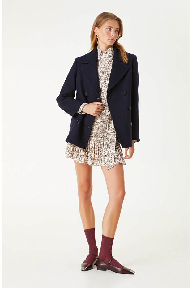 Bej Dik Yaka Mini Elbise - 5