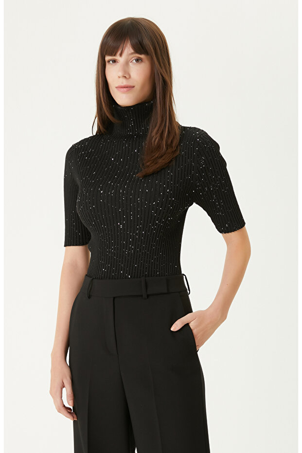 Siyah Payetli Triko Kazak - 1