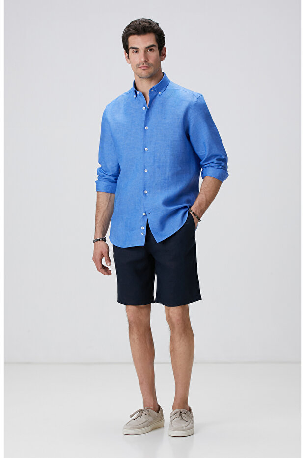 Lacivert Keten Şort - 1