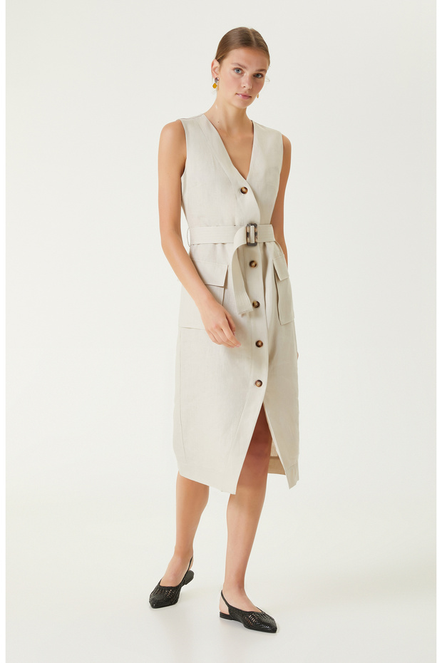 Bej Midi Keten Elbise - 3