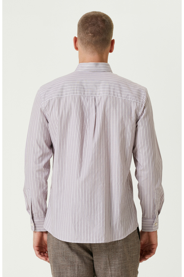 Bordo Çizgi Desenli Gömlek - 5