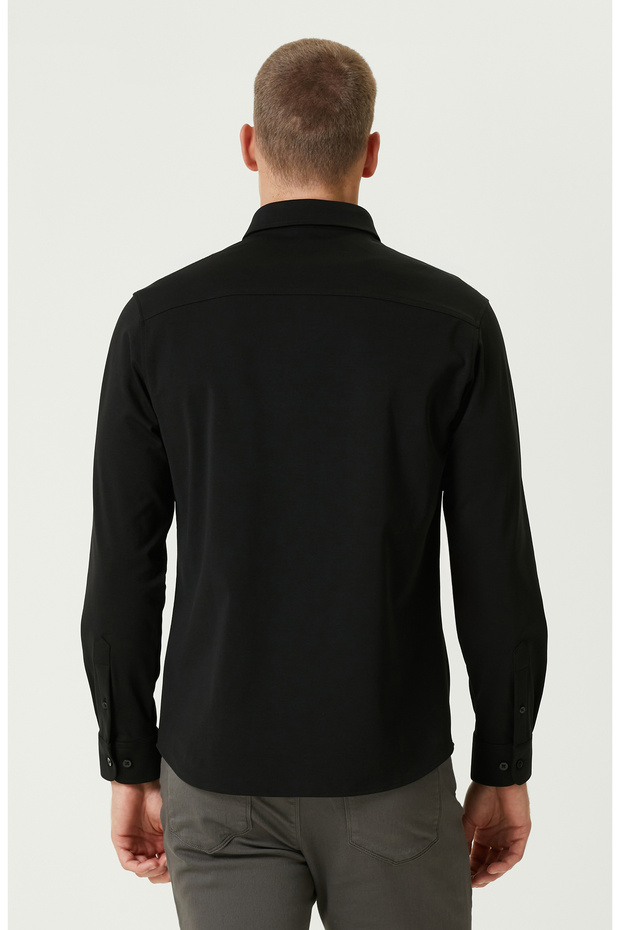 Siyah Çift Cepli Örme Gömlek - 4