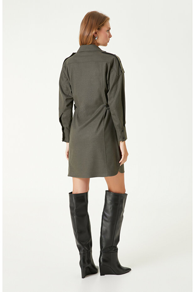 Haki Gömlek Mini Elbise - 6