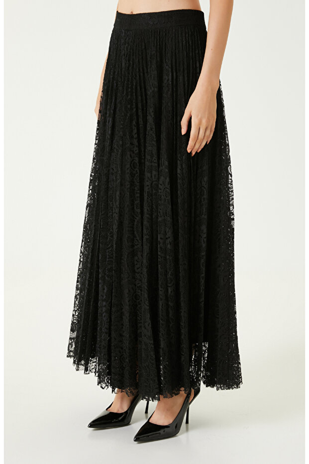 Siyah Piliseli Dantel Maxi Etek - 2