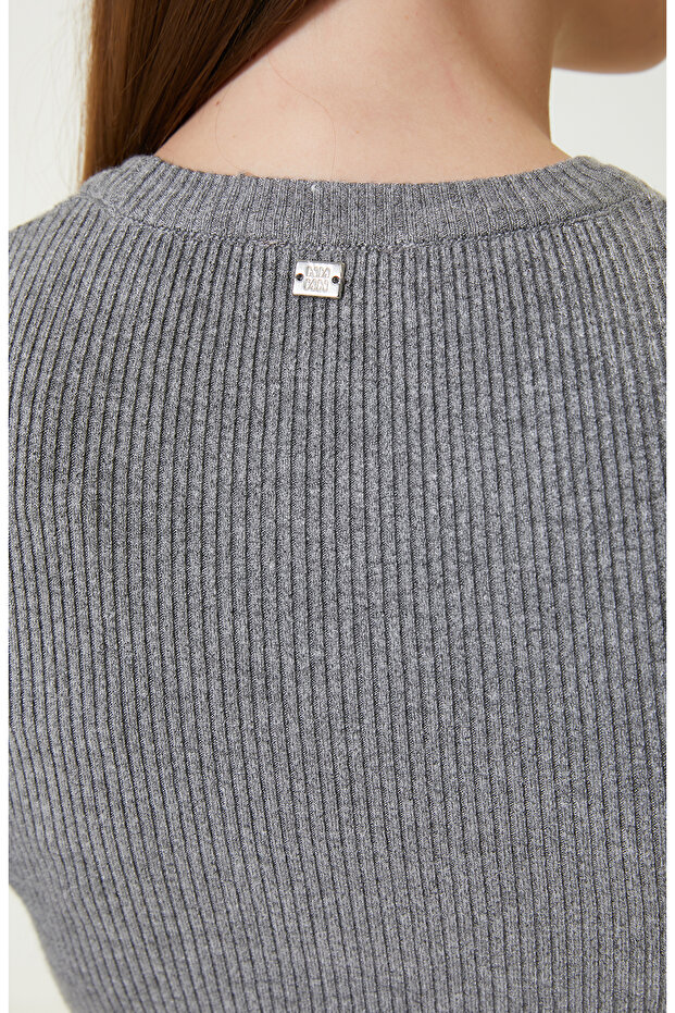 Gri Melanj Kısa Kol Basıc Triko Kazak - 5