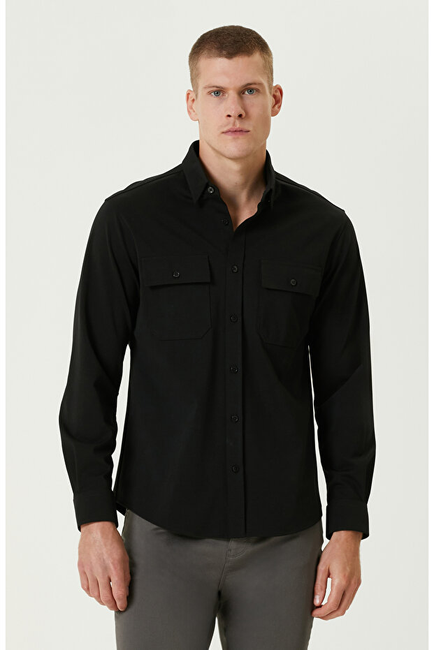 Siyah Çift Cepli Örme Gömlek - 1