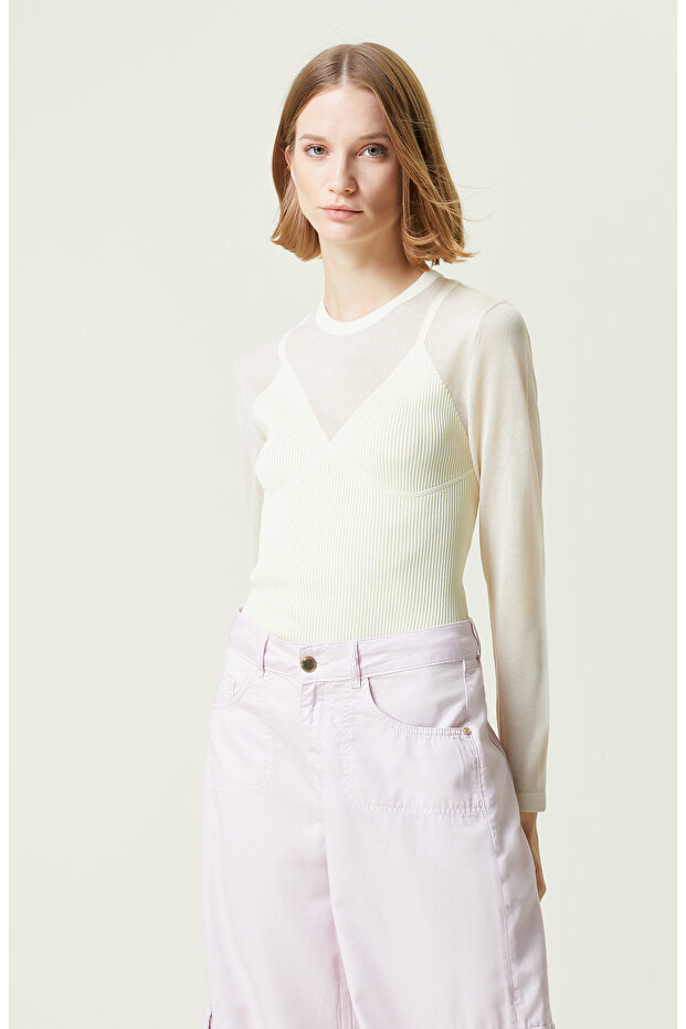 Açık Sarı Bisiklet Yaka Triko Kazak - 1