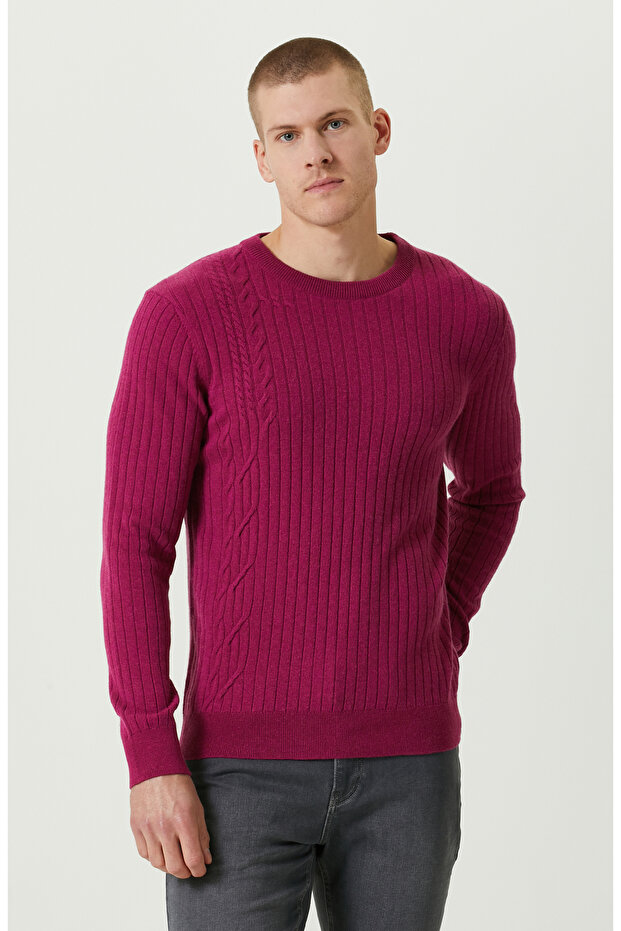 Fuşya Saç Örgülü Triko Kazak - 1