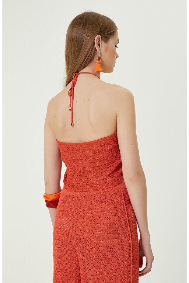 Turuncu Askılı Straplez Triko Bluz - 5