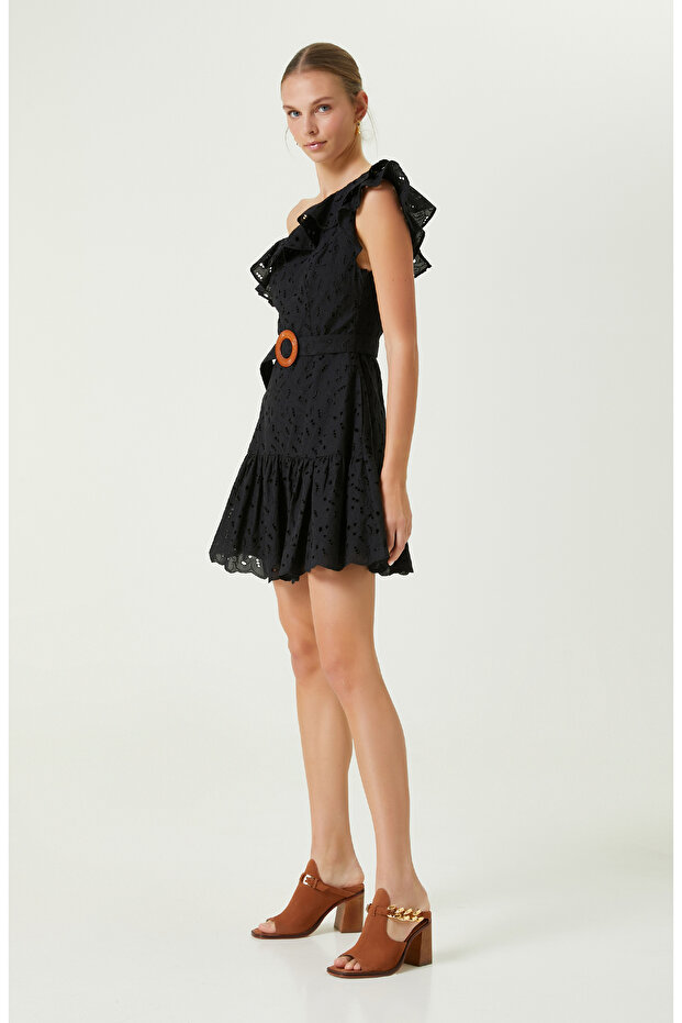 Tek Omuz Güpürlü Siyah Elbise - 2