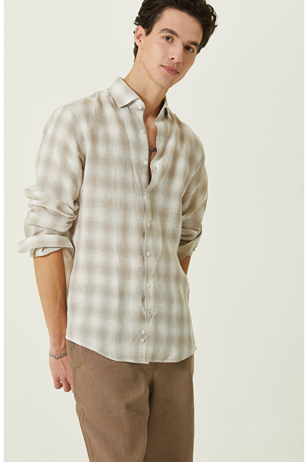 Bej Ekose Keten Gömlek - 6