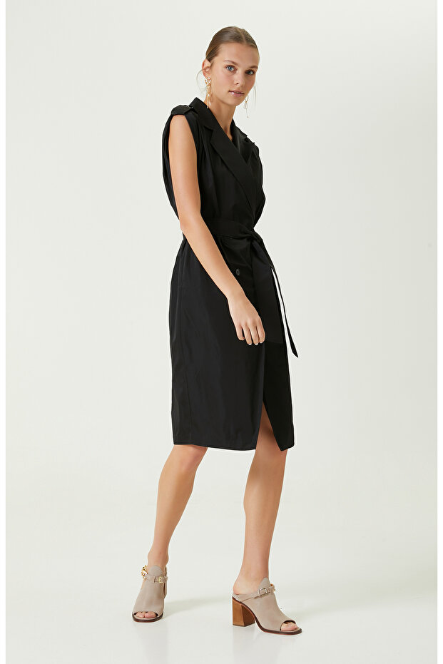 Diz Boy Kolsuz Siyah Elbise - 3