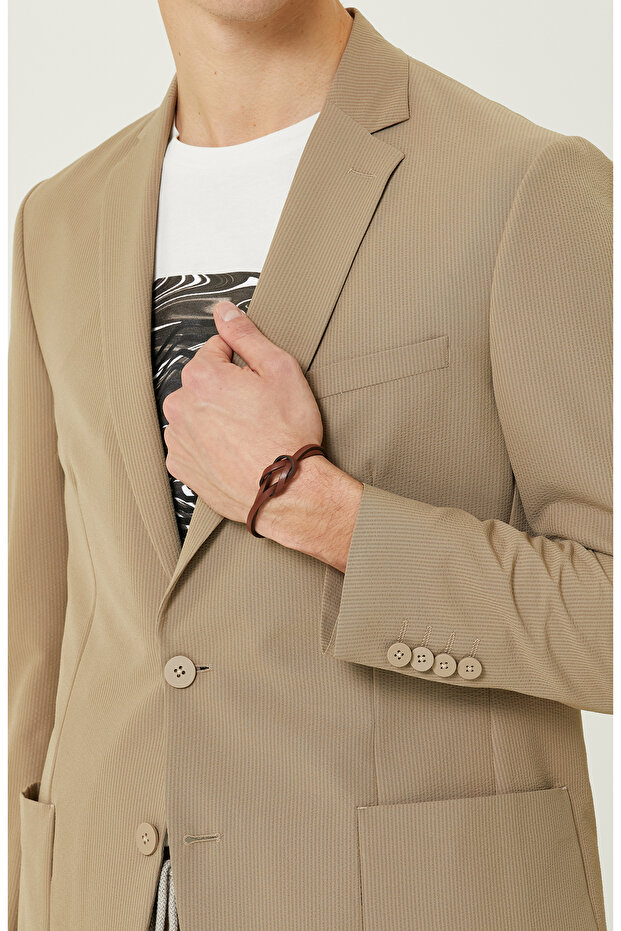 Camel Gofre Blazer Ceket - 5