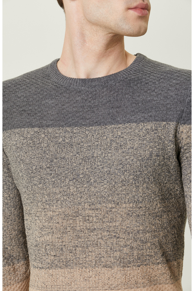 Camel Renk Bloklu Triko Kazak - 5