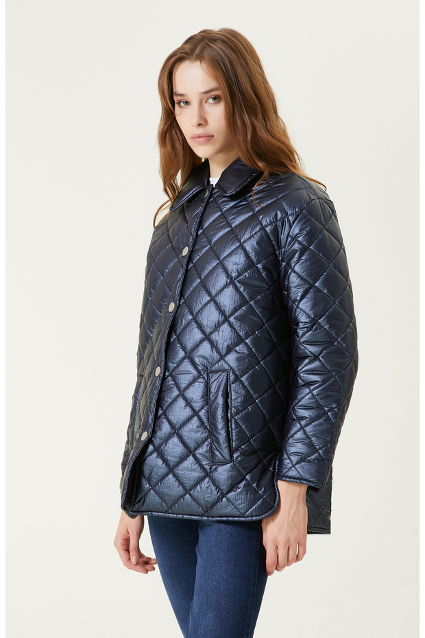 Lacivert Deri Kapitone Mont - 4