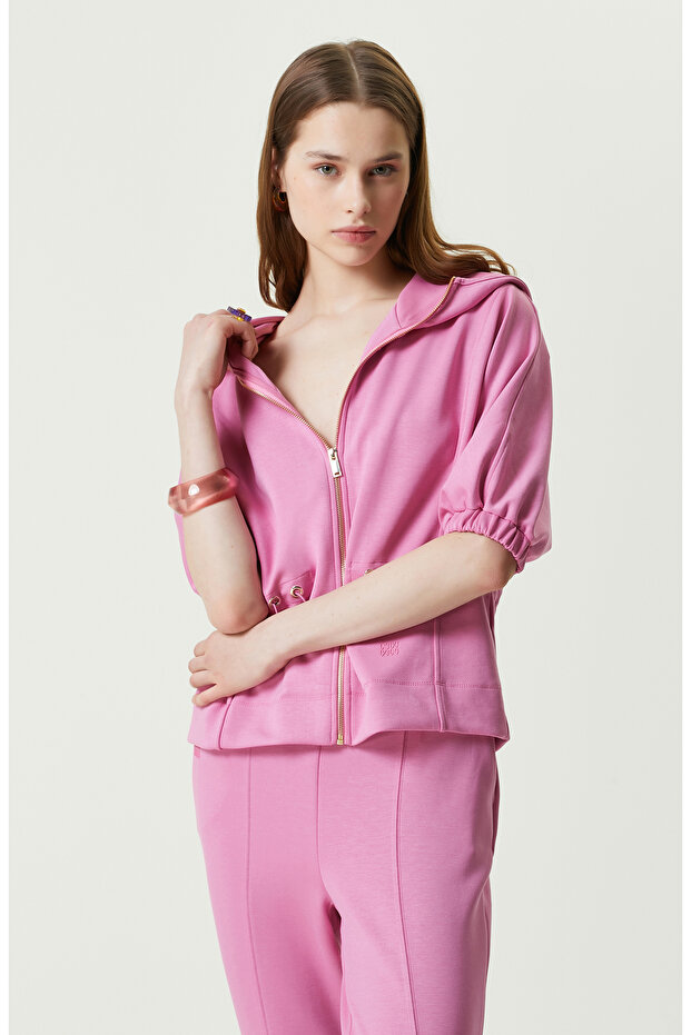 Pembe Kısa Kollu Kapüşonlu Ceket - 1