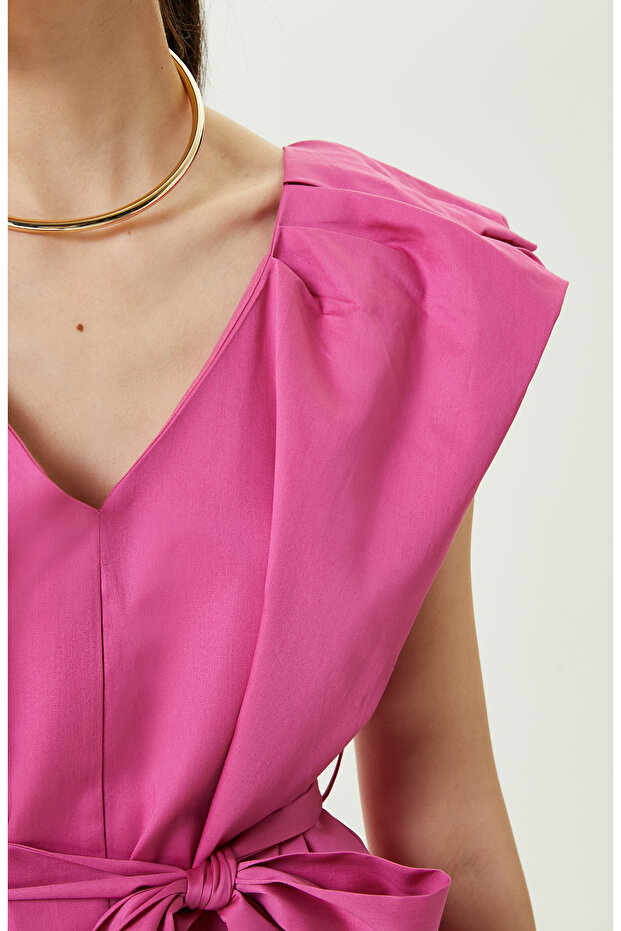 Fuşya Kolsuz V Yaka Elbise - 5