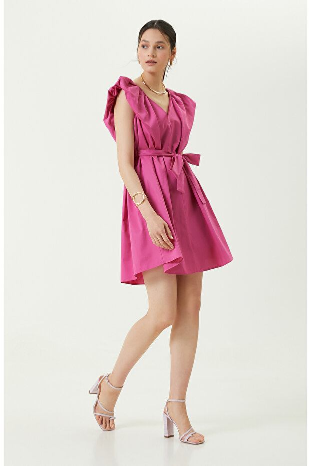 Fuşya Kolsuz V Yaka Elbise - 3