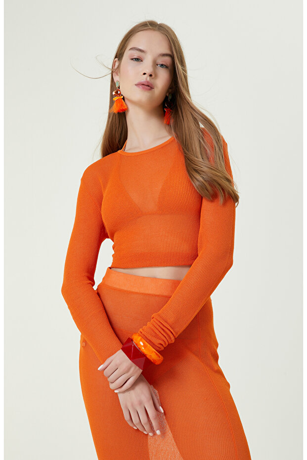 Turuncu Bisiklet Yaka Plaj Bluz - 1