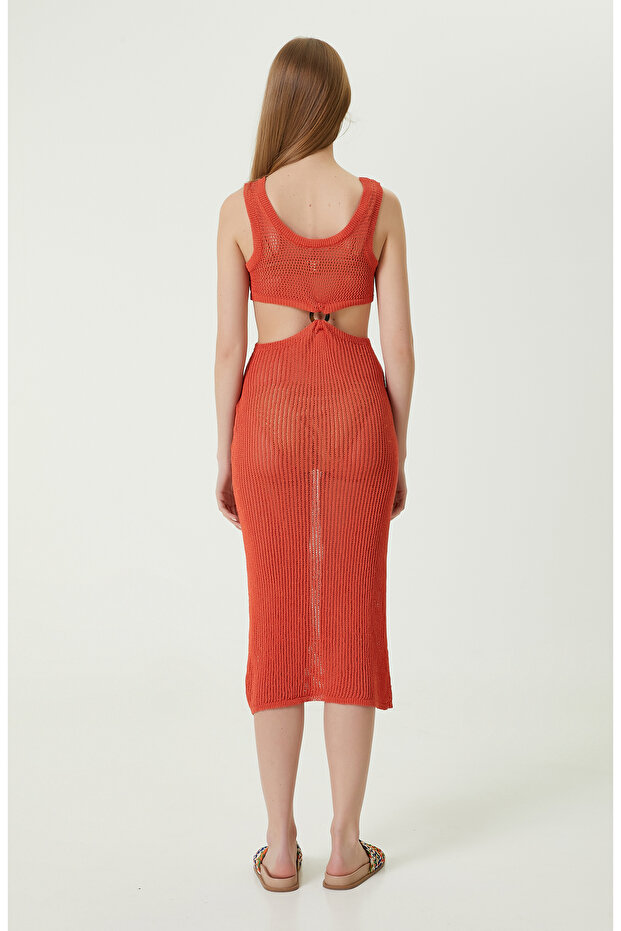 Turuncu Askılı Uzun Triko Elbise - 5