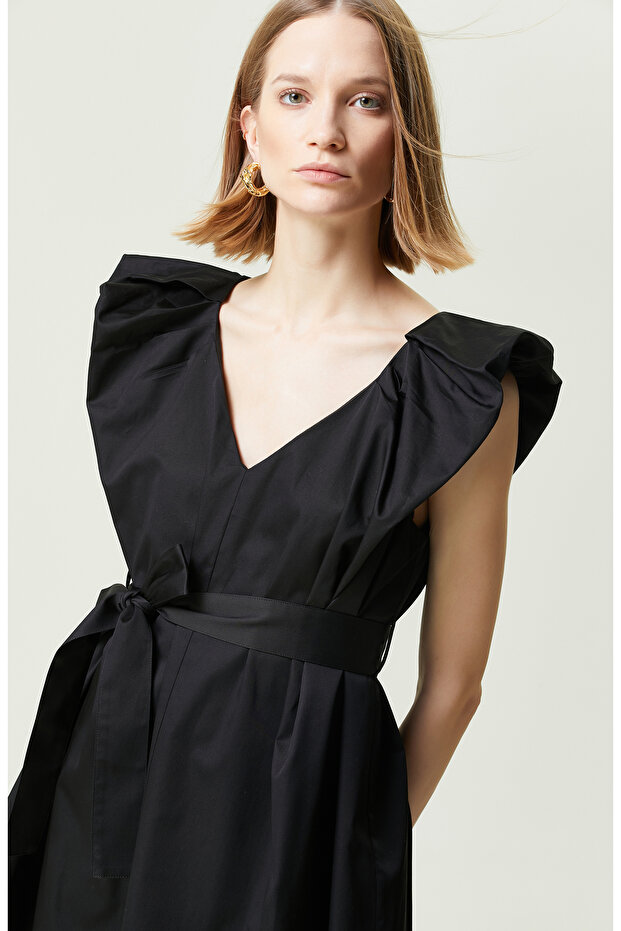 Siyah Kolsuz V Yaka Elbise - 4