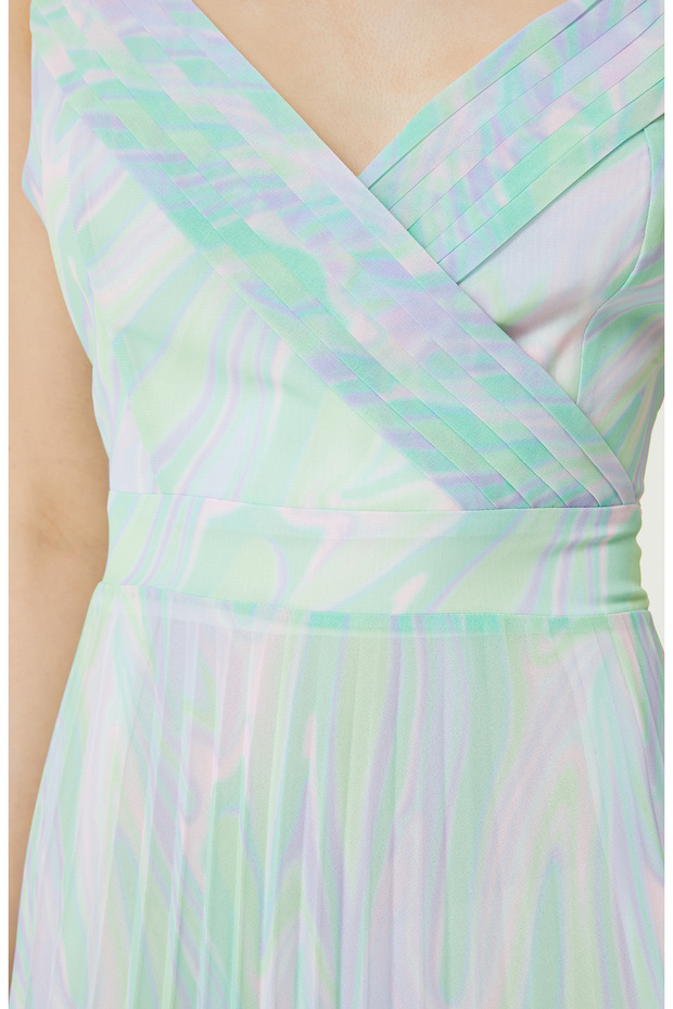 Yeşil Pembe V Yaka Piliseli Elbise - 5