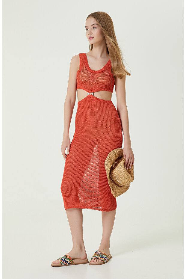 Turuncu Askılı Uzun Triko Elbise - 2