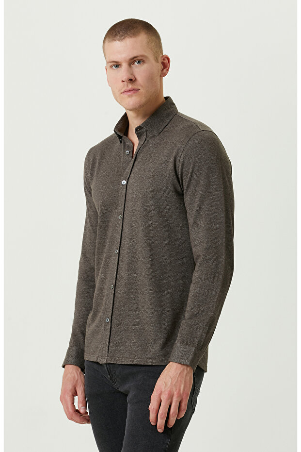 Örme Klasik Yaka Haki Gömlek - 3