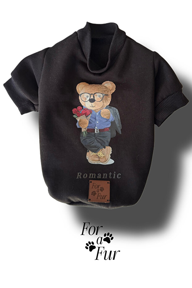 Dog T-Shirt Romantic Teddy Bear Printed Black Cat T-Shirt
