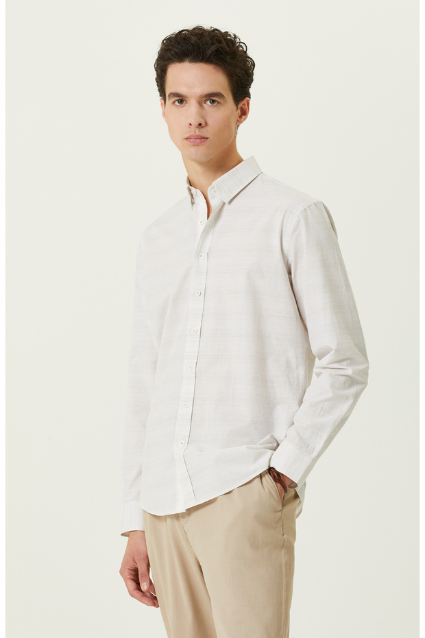 Bej Çizgili Cepsiz Gömlek - 3