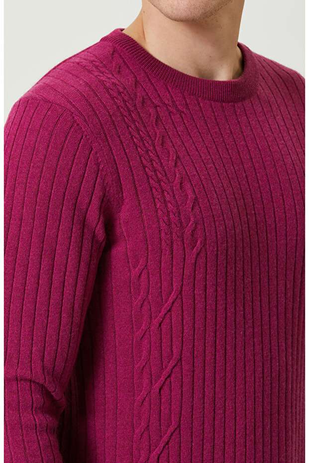 Fuşya Saç Örgülü Triko Kazak - 5