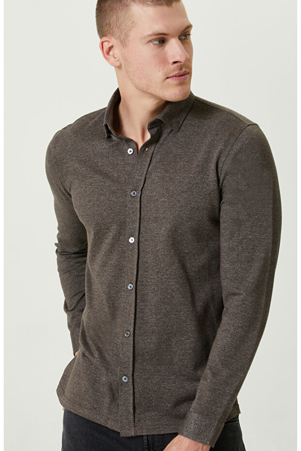 Örme Klasik Yaka Haki Gömlek - 1