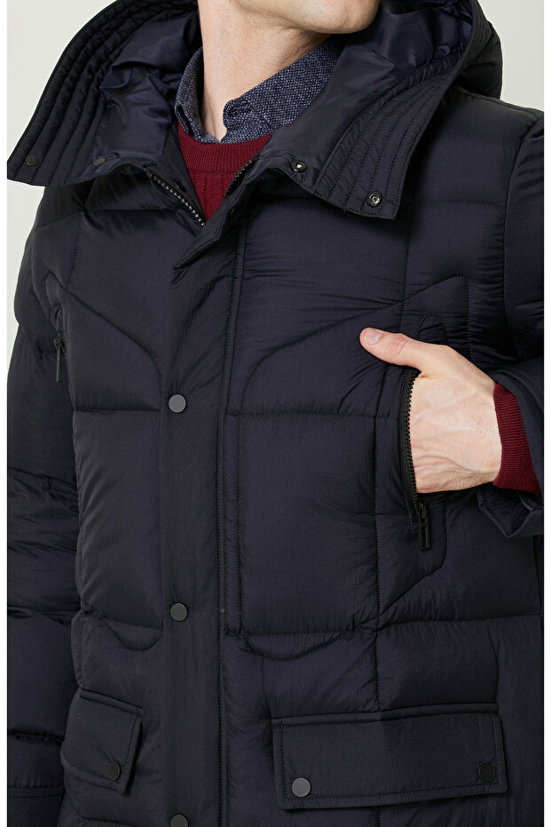 Kapüşon Yaka Lacivert Kaban - 5