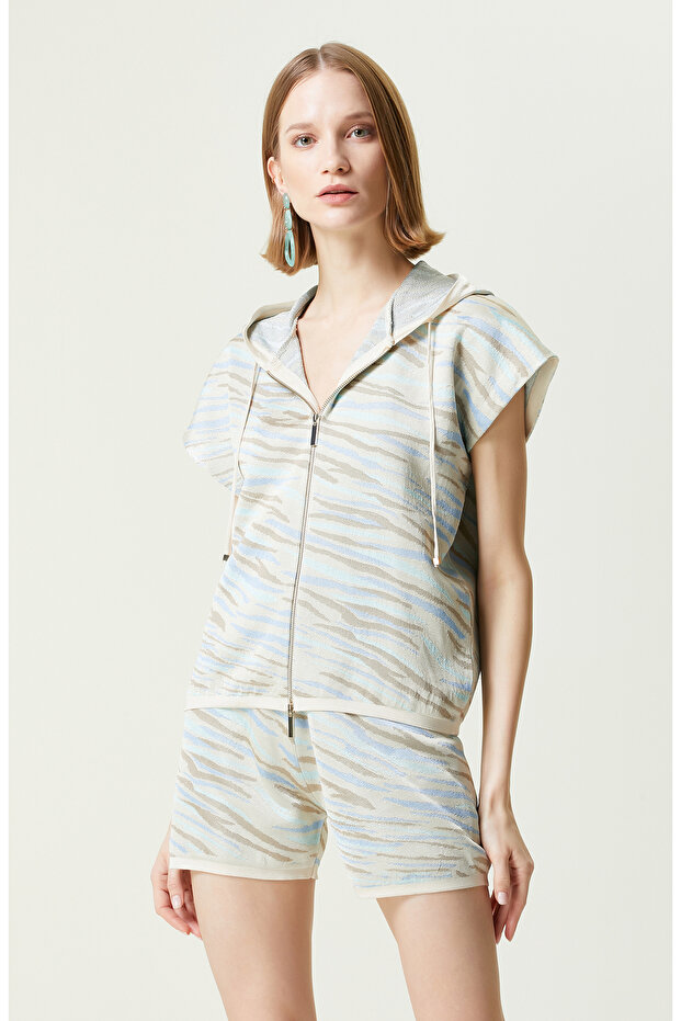 Bej Desenli Kapüşonlu Hırka - 3