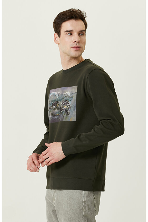 Nakışlı Haki Bisiklet Yaka Sweatshirt - 3