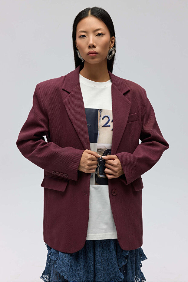 Symi Wide Cut Basic Claret Red Blazer - 4