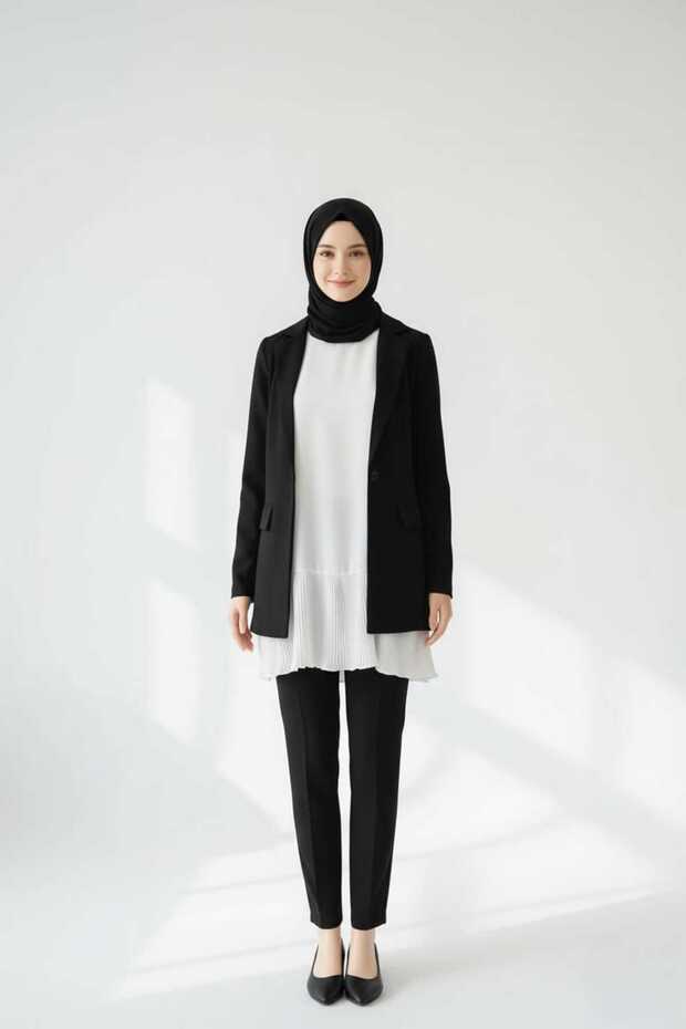 Piliseli Ekru Kadın Tesettür Gömlek Pliseli Pileli Tunik Içlik - 2